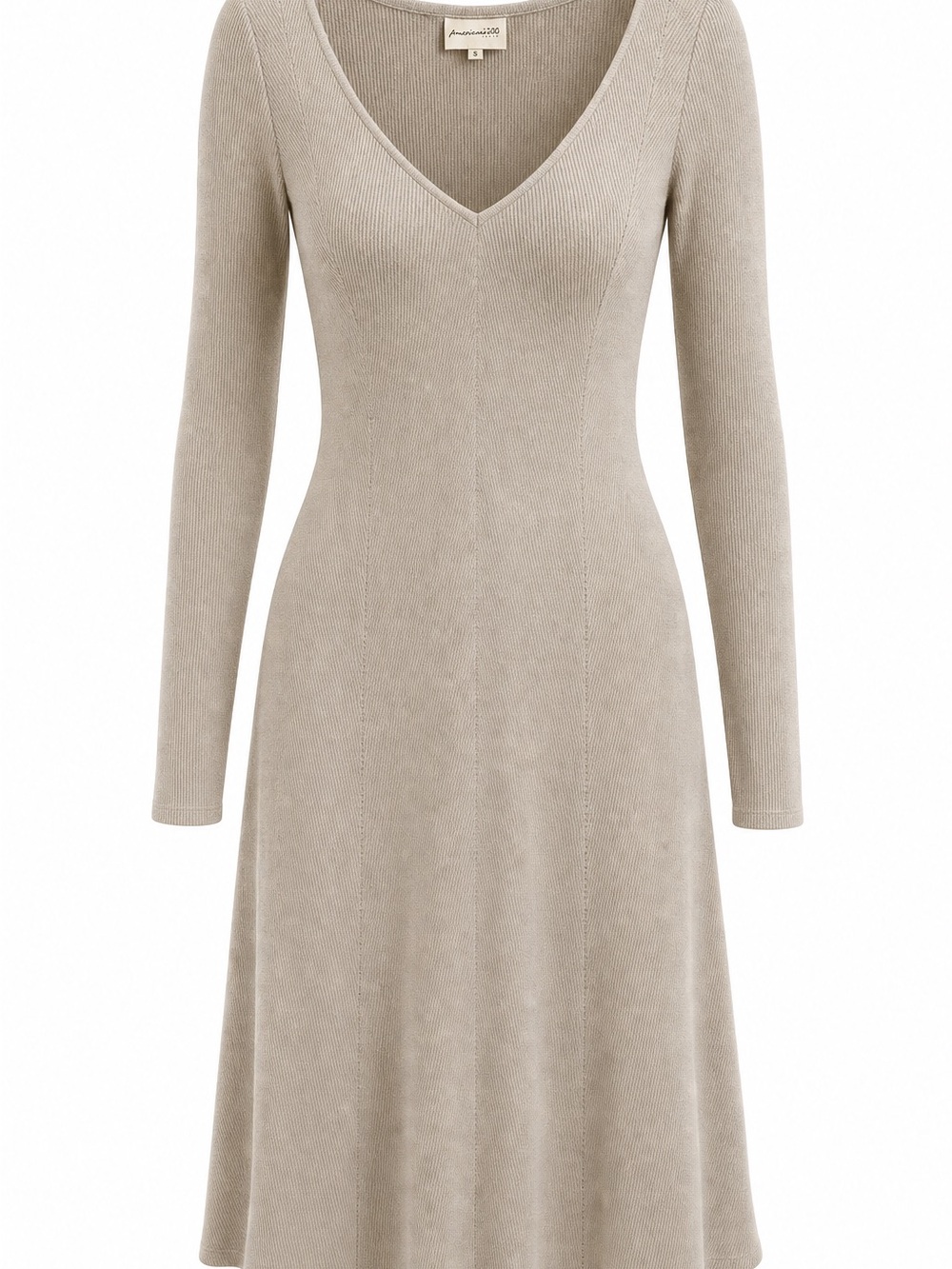 Light Beige V-Neck Long Sleeve Knit Dress
